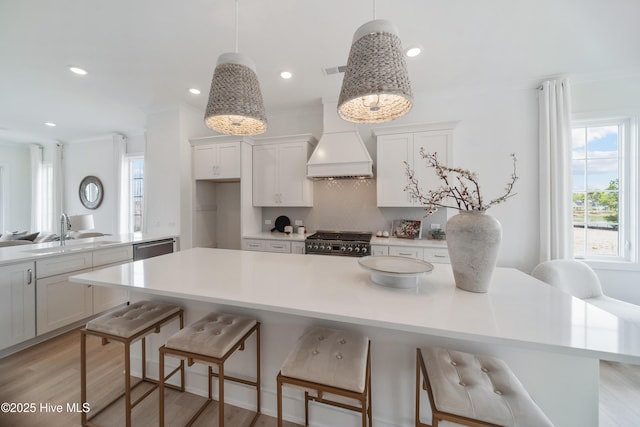 2601 Alvernia Dr, Castle Hayne, NC 28429 - kitchen with stainless steel appliances, custom range hood, white cabinets, a sink, and light countertops