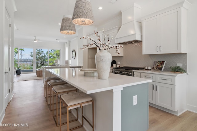 2601 Alvernia Dr, Castle Hayne, NC 28429 - kitchen featuring custom exhaust hood, stove, backsplash, a center island, and light wood-style floors