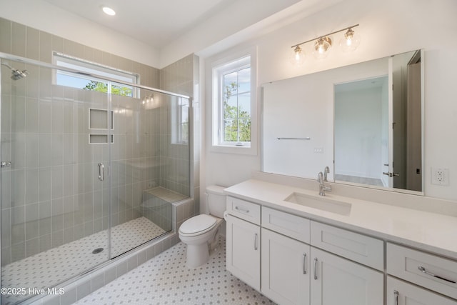 2601 Alvernia Dr, Castle Hayne, NC 28429 - bathroom featuring plenty of natural light, toilet, vanity, and a stall shower
