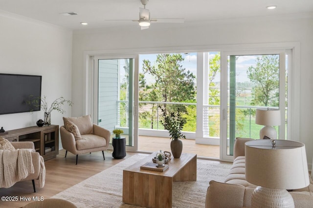 2601 Alvernia Dr, Castle Hayne, NC 28429 - living room featuring healthy amount of natural light, wood finished floors, ceiling fan, and ornamental molding