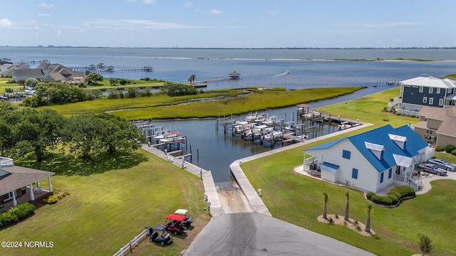 drone / aerial view with a water view