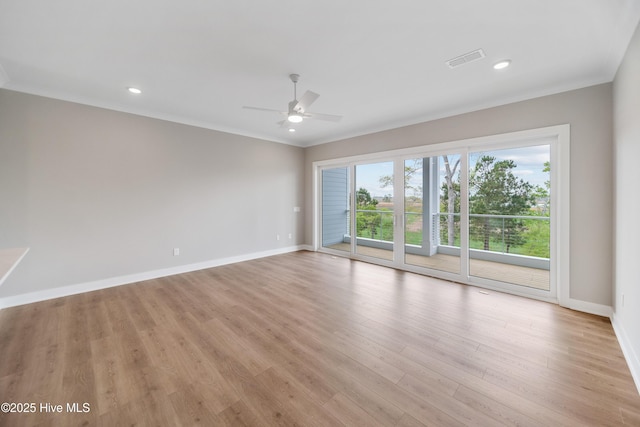2597 Alvernia Dr, Castle Hayne, NC 28429 - spare room featuring crown molding, ceiling fan, light wood-style flooring, and recessed lighting
