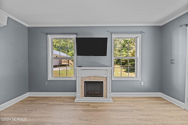 unfurnished living room with ornamental molding, plenty of natural light, and light wood-type flooring