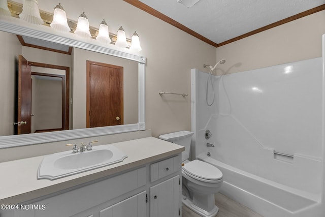 full bathroom with washtub / shower combination, ornamental molding, toilet, and vanity