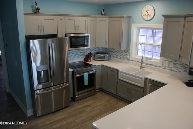 kitchen with appliances with stainless steel finishes, dark hardwood / wood-style flooring, gray cabinets, and tasteful backsplash