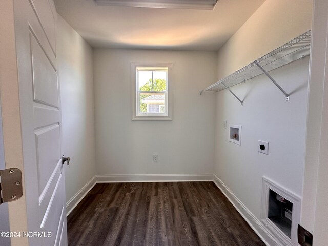 laundry room with dark wood finished floors, hookup for a washing machine, electric dryer hookup, laundry area, and baseboards