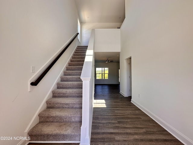 stairs featuring a towering ceiling, baseboards, and wood finished floors