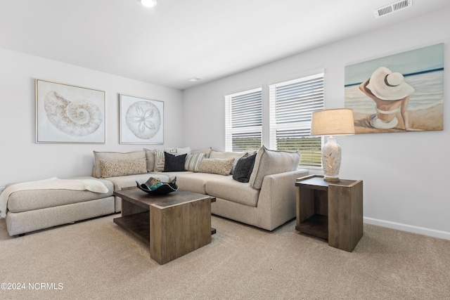 living room with carpet floors, baseboards, and visible vents