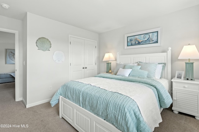 bedroom featuring light carpet, baseboards, and a closet