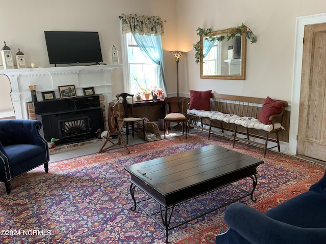 living room with a fireplace