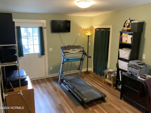 workout room with hardwood / wood-style floors