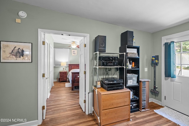 office with ceiling fan and light hardwood / wood-style flooring