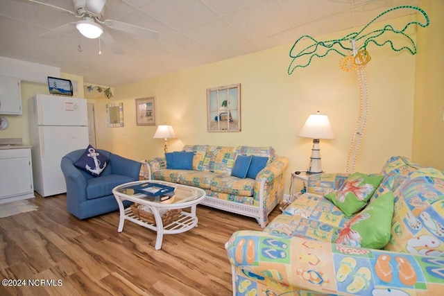 living room with ceiling fan and wood-type flooring