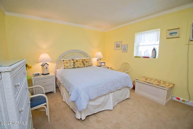 bedroom featuring carpet and crown molding