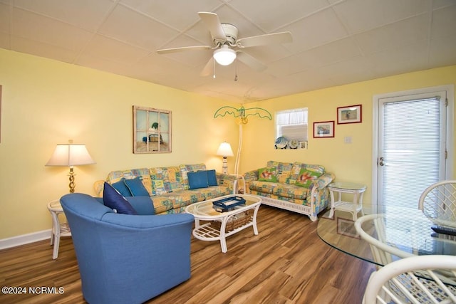 living room with ceiling fan and wood-type flooring