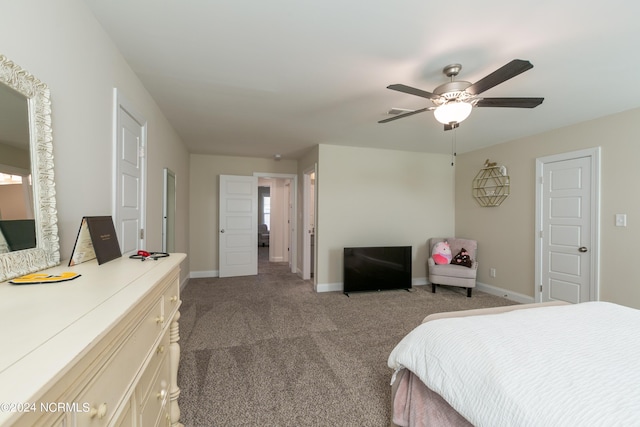 bedroom with light colored carpet and ceiling fan