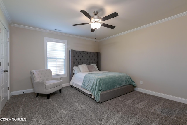 bedroom with ceiling fan, ornamental molding, and carpet