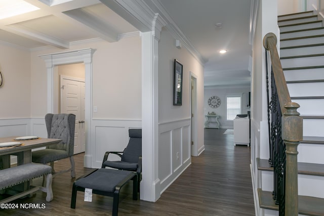 hallway featuring coffered ceiling, crown molding, dark hardwood / wood-style floors, beam ceiling, and decorative columns