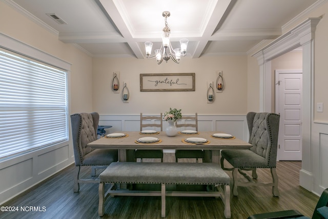 dining area with coffered ceiling, crown molding, a notable chandelier, beam ceiling, and hardwood / wood-style floors