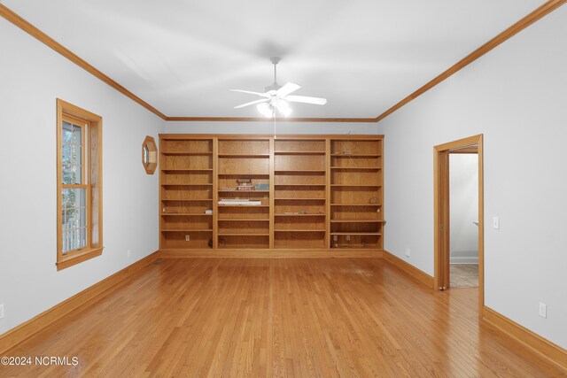 unfurnished living room featuring ceiling fan, light hardwood / wood-style flooring, and crown molding