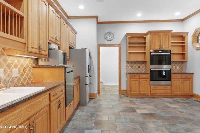 kitchen featuring dark countertops, baseboards, double wall oven, freestanding refrigerator, and open shelves