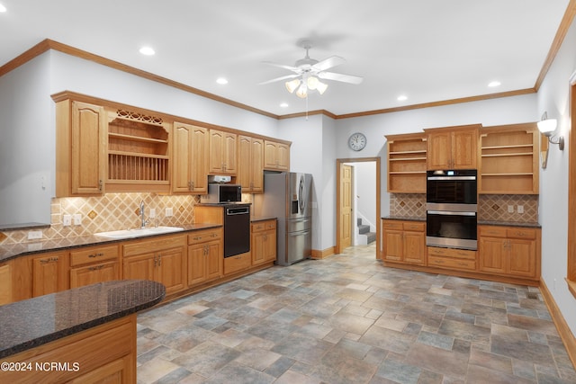 kitchen with a sink, appliances with stainless steel finishes, baseboards, and open shelves