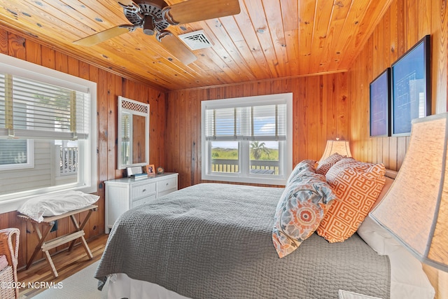 bedroom featuring wood ceiling, ceiling fan, and wood walls