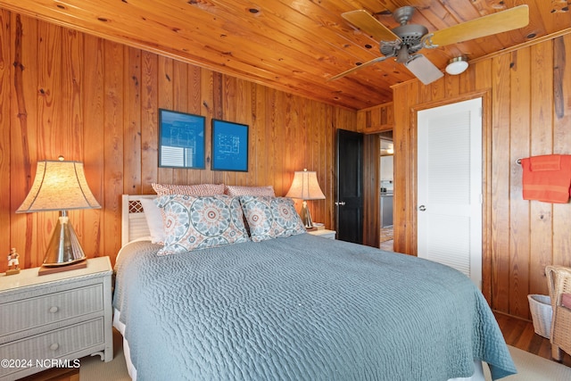 bedroom featuring ceiling fan, wooden walls, and wood ceiling