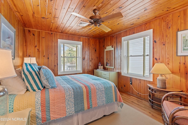 bedroom with wood ceiling, ceiling fan, light hardwood / wood-style flooring, and wood walls