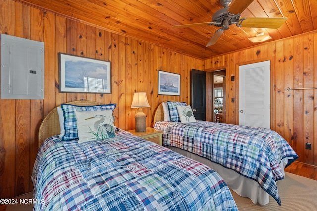 bedroom with ceiling fan, electric panel, wood ceiling, and wood walls