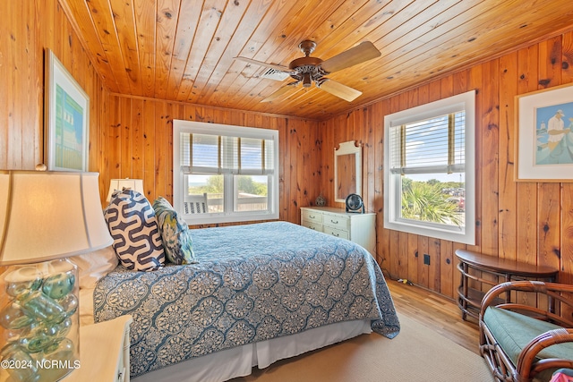 bedroom with light hardwood / wood-style floors, wooden ceiling, ceiling fan, and wood walls