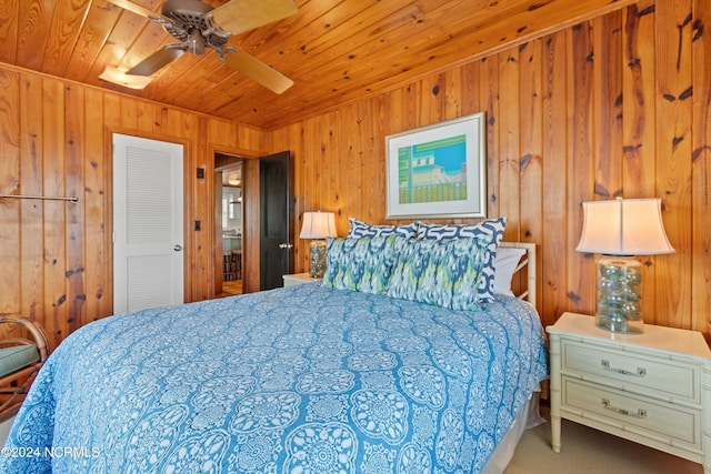 bedroom featuring wood ceiling, ceiling fan, and wooden walls