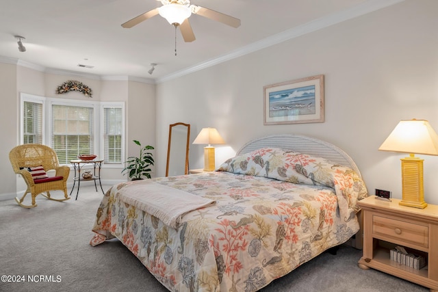 bedroom with ceiling fan, crown molding, and dark colored carpet