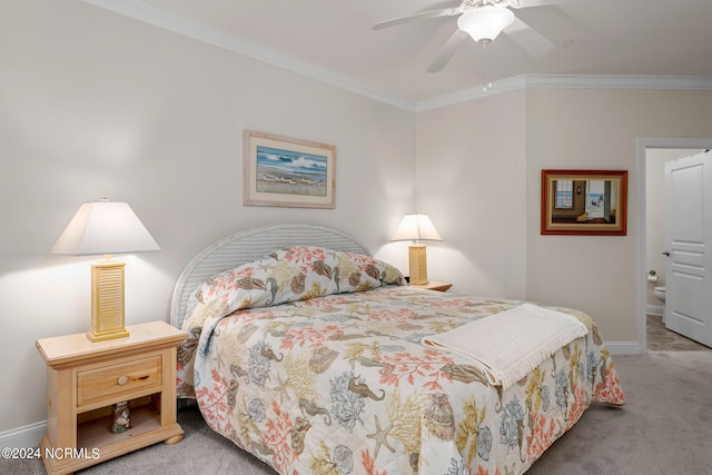 bedroom with carpet floors, ceiling fan, and ornamental molding