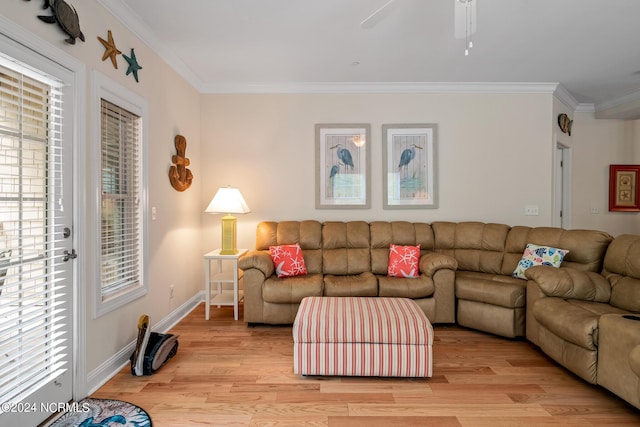 living room with ceiling fan, light hardwood / wood-style flooring, and crown molding