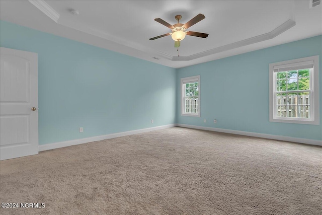 empty room featuring plenty of natural light, ceiling fan, a raised ceiling, and carpet flooring