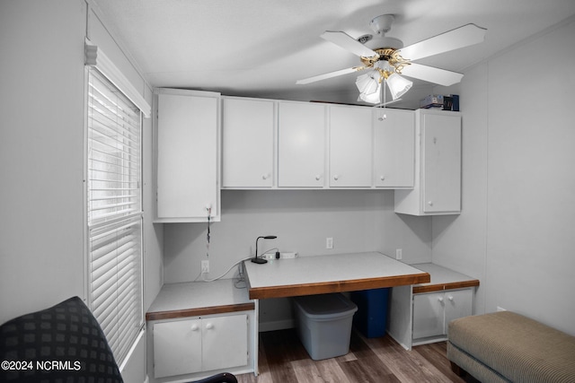 home office featuring ceiling fan and wood finished floors