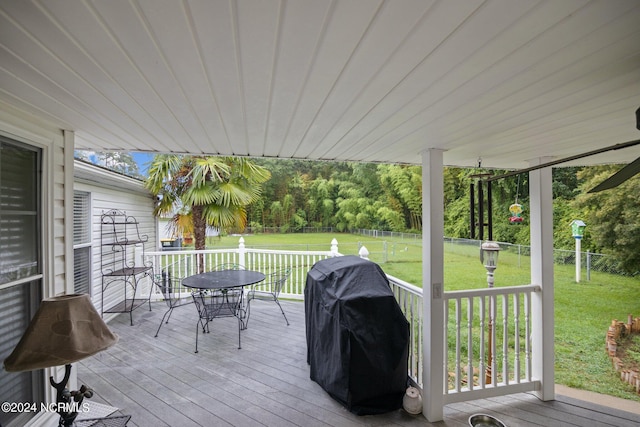 wooden terrace featuring a grill, a fenced backyard, and a lawn