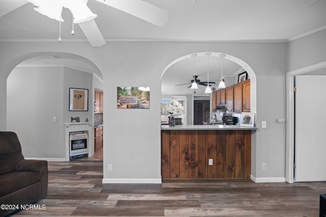 kitchen featuring a ceiling fan, a fireplace, crown molding, and dark wood-style floors