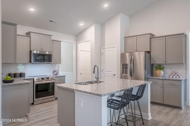 kitchen featuring appliances with stainless steel finishes, a center island with sink, sink, and backsplash