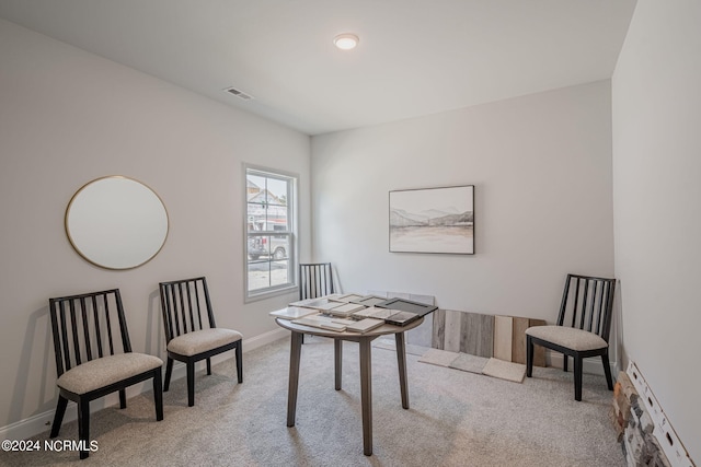 office area featuring a baseboard radiator and light carpet