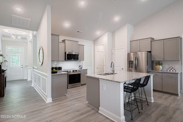 kitchen featuring an island with sink, decorative backsplash, sink, light hardwood / wood-style flooring, and appliances with stainless steel finishes