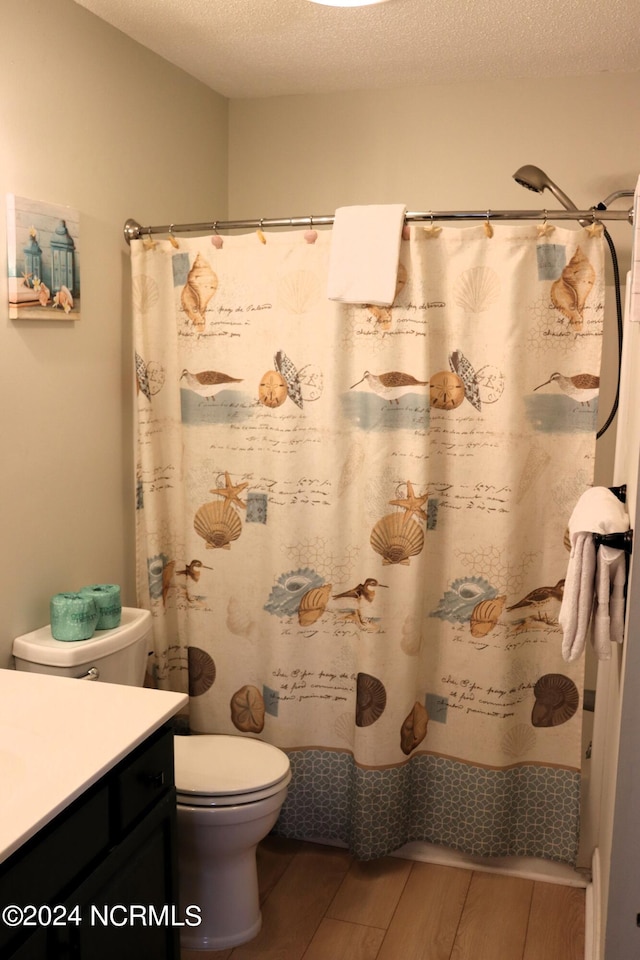 bathroom featuring vanity, a textured ceiling, toilet, and hardwood / wood-style floors