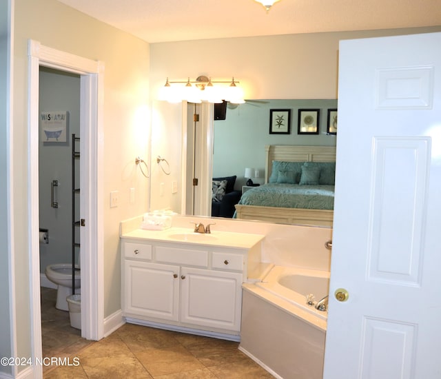 bathroom featuring toilet, a bidet, a bath, tile patterned flooring, and vanity