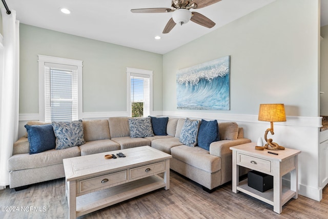 445 E Third St, Ocean Isle Beach, NC 28469 - living room featuring ceiling fan, wainscoting, wood finished floors, and recessed lighting