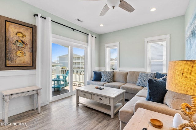 445 E Third St, Ocean Isle Beach, NC 28469 - living area with ceiling fan, wood finished floors, and recessed lighting