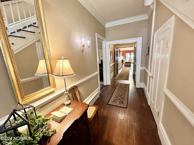 corridor featuring dark wood-style floors and crown molding