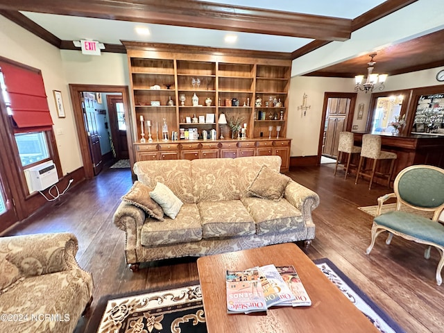 living area with a wall unit AC, dark wood finished floors, an inviting chandelier, beamed ceiling, and baseboards