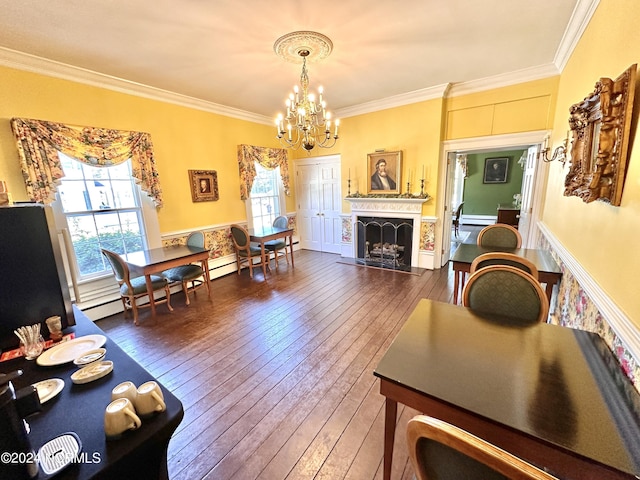 living area featuring a baseboard radiator, ornamental molding, dark wood-type flooring, a fireplace, and a chandelier