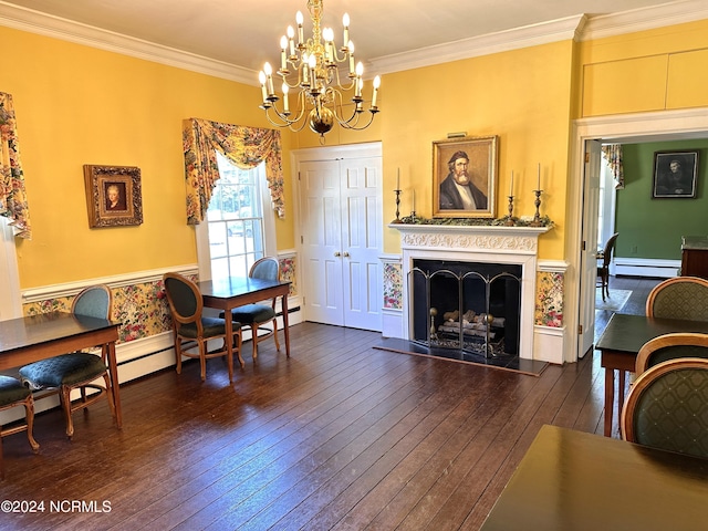 dining room featuring a fireplace with raised hearth, a baseboard radiator, a wainscoted wall, dark wood-style flooring, and crown molding